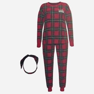 Women’s Red Plaid Pajama Set with Headband